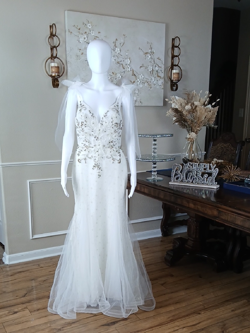 Mac Duggal White And Gold Crystals Tulle Bridal Mermaid Gown with Bow Straps - Picture 12 of 16